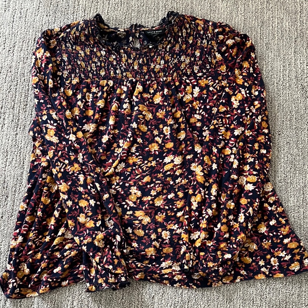 Lucky Brand Floral Smocked Top - Black and Yellow